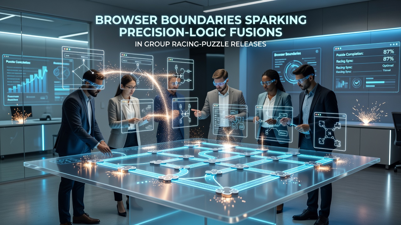 Group of players collaborating on a browser racing puzzle hybrid with visible precision aiming and logic grid overlays