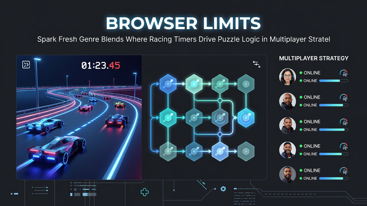 Multiplayer strategy adventure screen displaying puzzle logic chains driven by racing timers in a browser environment