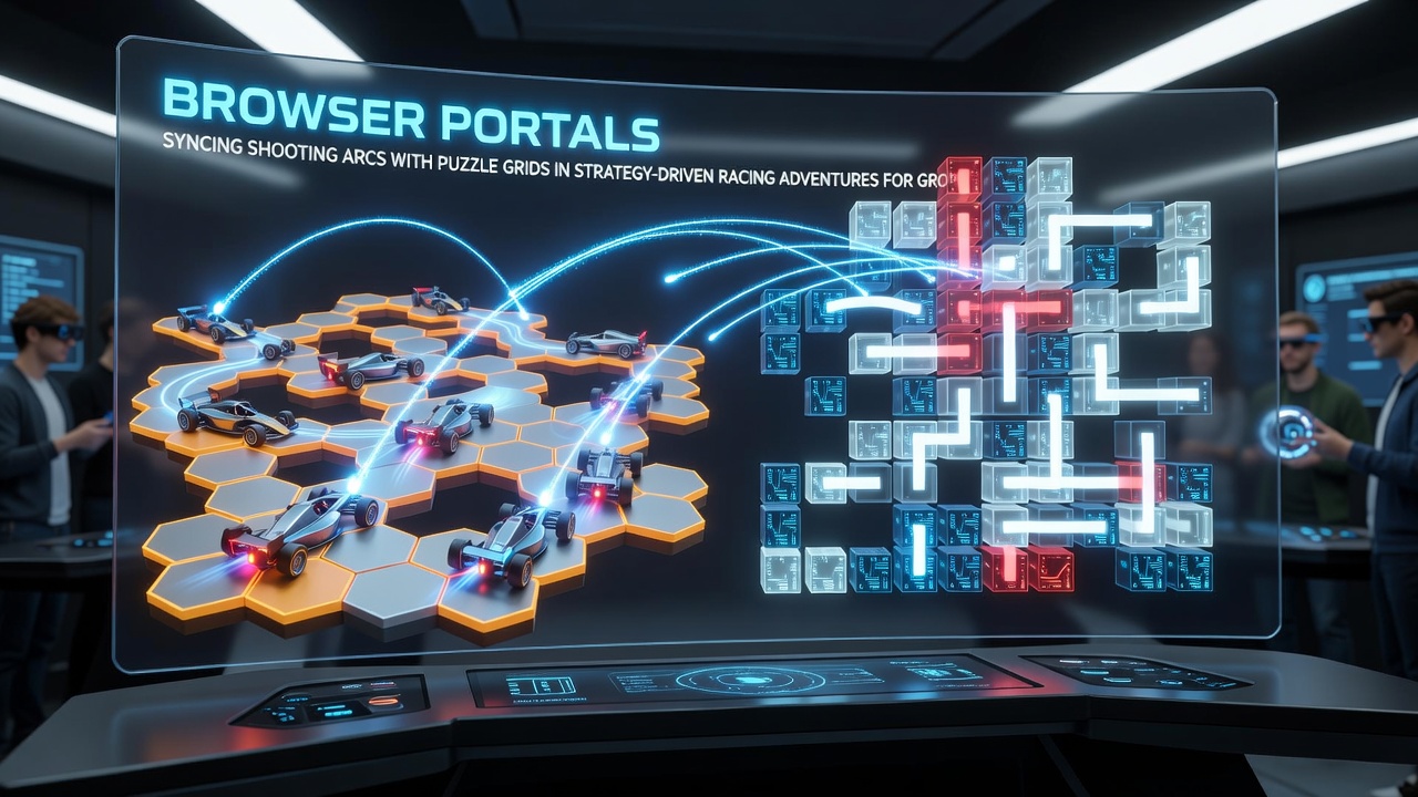 Group of players engaged in a strategy racing session with visible puzzle grids and shooting overlays on a browser screen