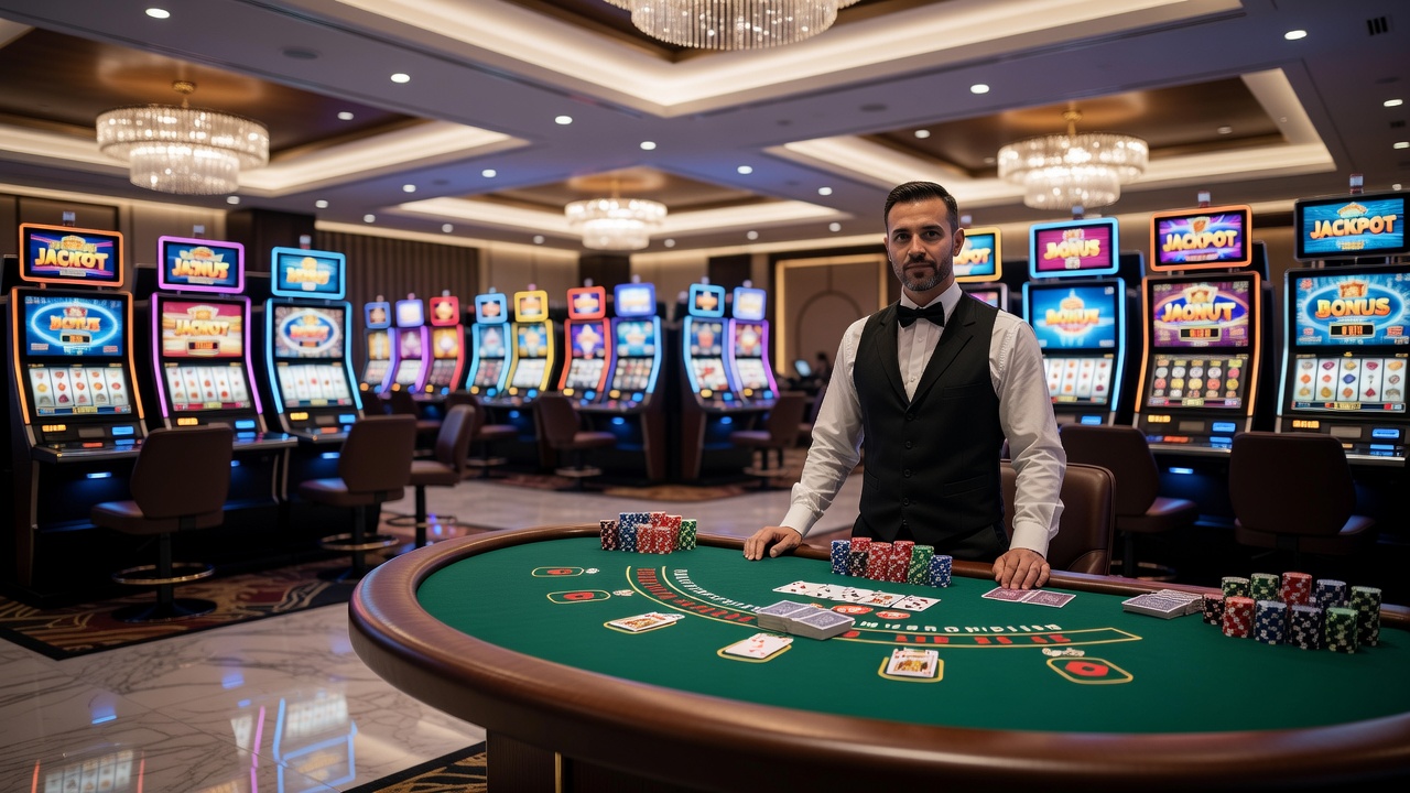 Digital interface displaying multiple casino game categories on a screen with betting controls visible