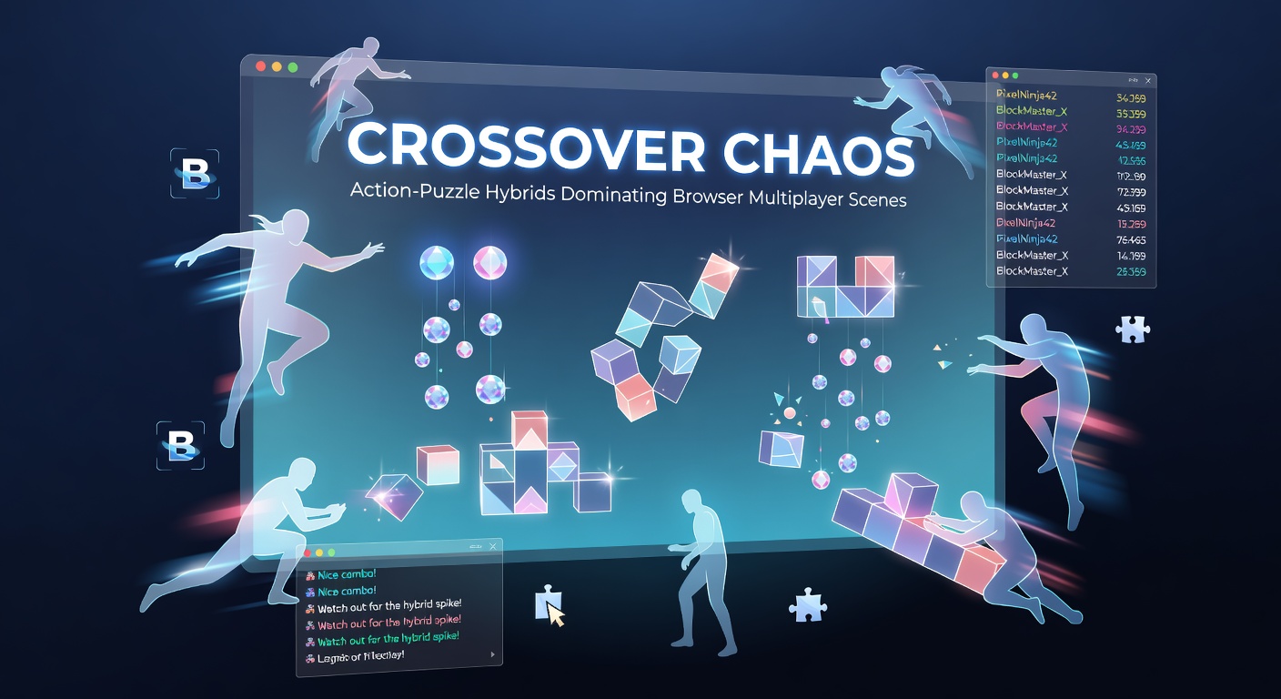 Vibrant screenshot of players in a chaotic multiplayer action-puzzle browser game, with puzzles exploding amid fast-paced action