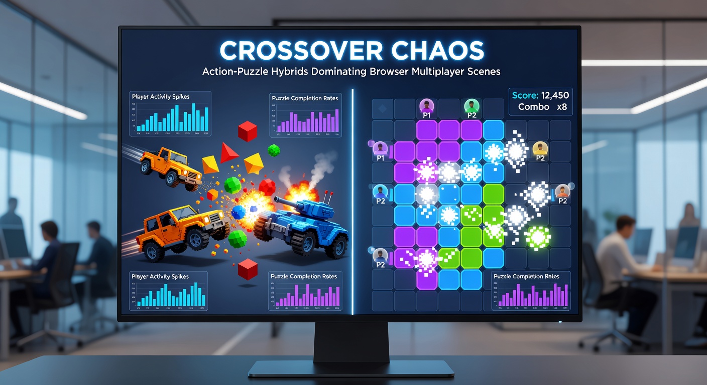 Intense close-up of a browser game lobby with action-puzzle elements, players' avatars clashing in a vibrant, chaotic interface