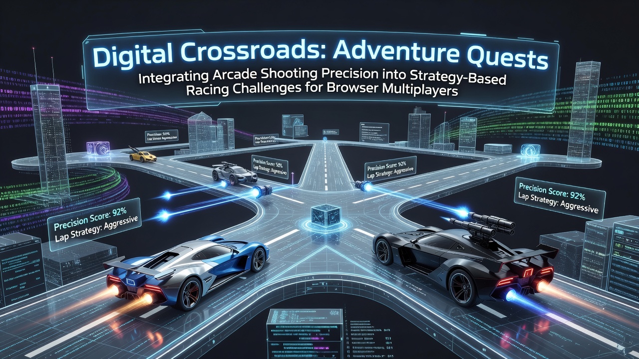 Multiplayer browser interface displaying integrated racing tracks with shooting targets and adventure quest markers