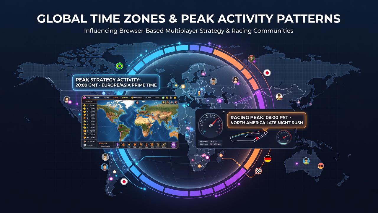 Global map overlay showing time zone divisions with browser game interface elements highlighting peak activity clusters across continents