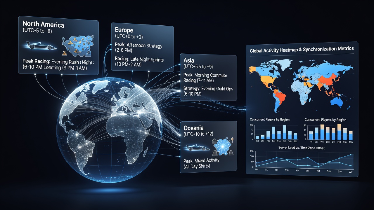 Dashboard screenshot displaying hourly activity graphs segmented by time zone for strategy and racing browser titles