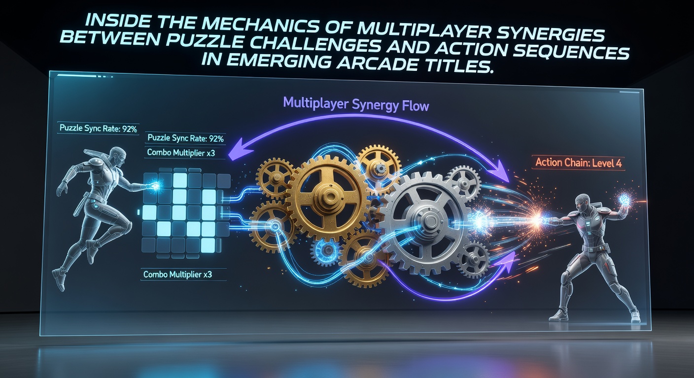 Arcade multiplayer setup where players coordinate puzzle solves alongside fast action sequences on shared screens