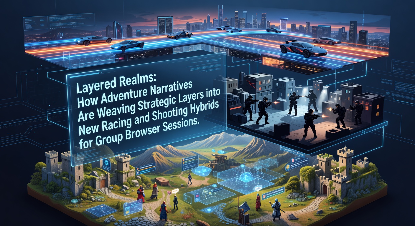 Browser game interface showing layered adventure elements integrated into a racing and shooting hybrid environment