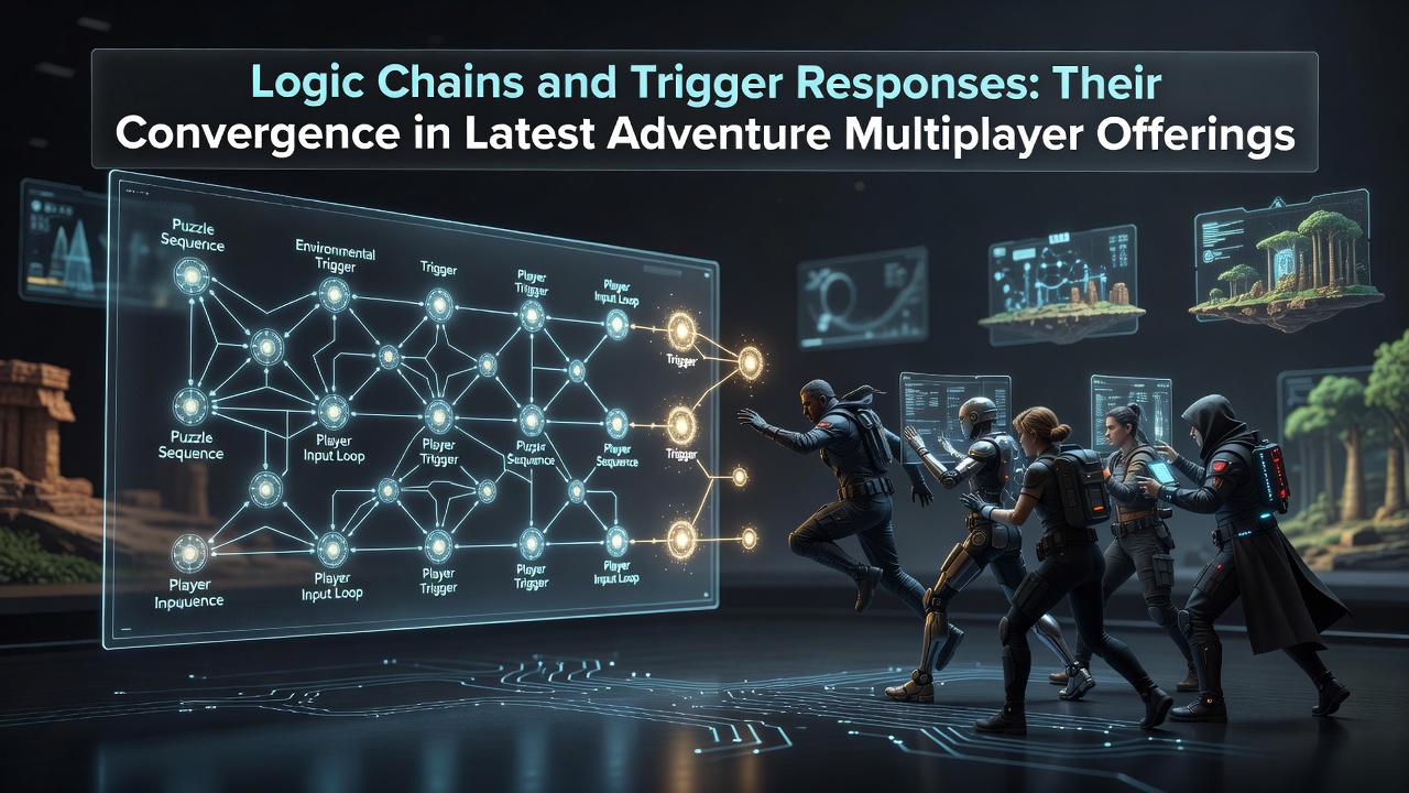 Multiplayer adventure game interface showing interconnected logic puzzle elements and real-time trigger activations in a browser environment