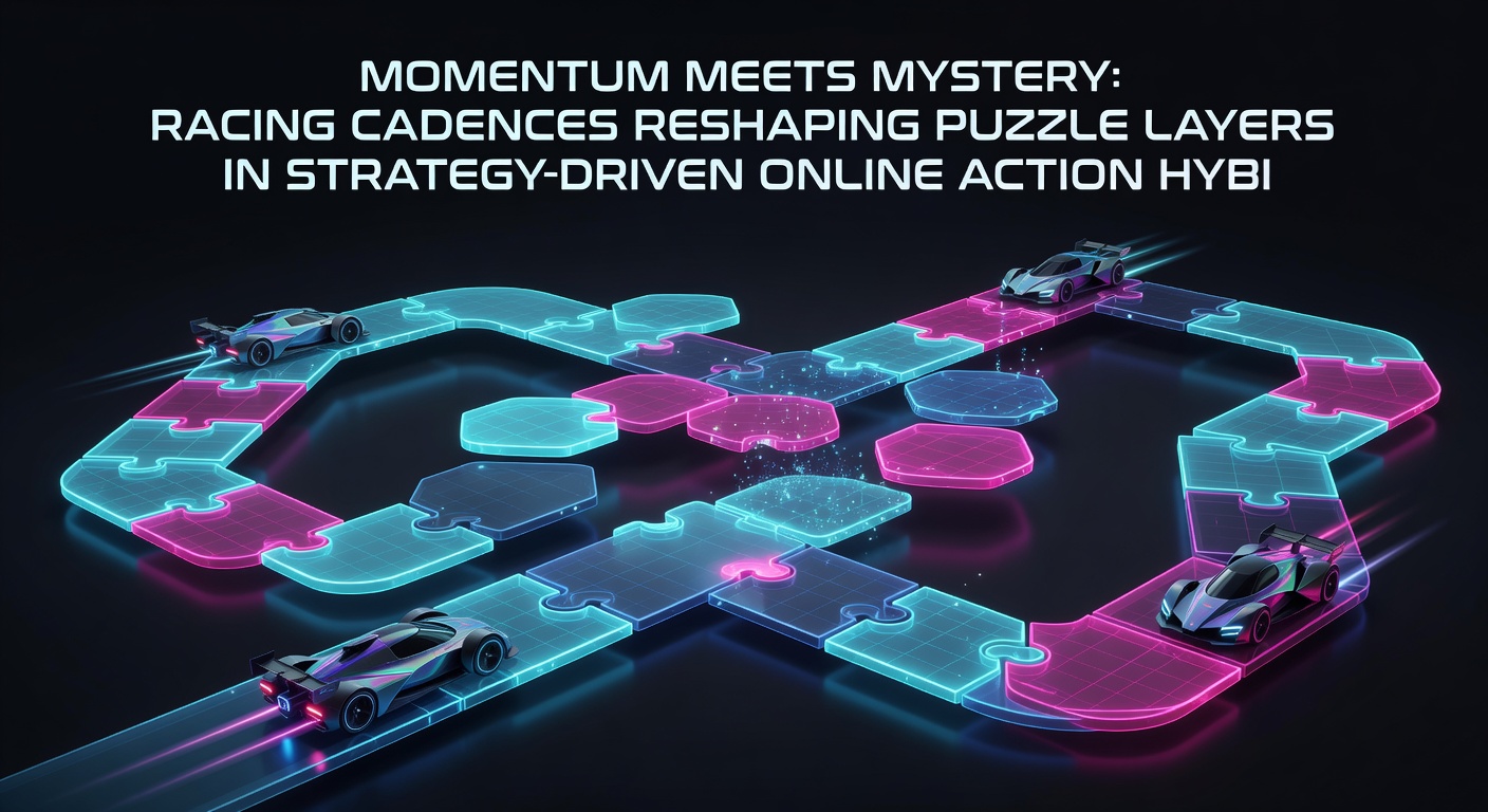 Close-up view of puzzle layer interfaces merging with racing tracks in an online action strategy hybrid, highlighting cadence indicators and multiplayer synchronization