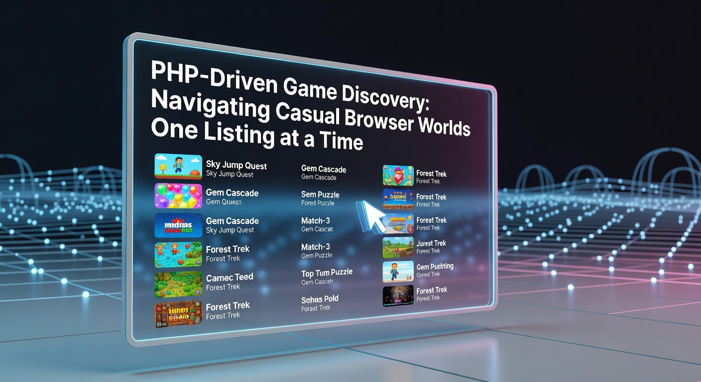Dynamic PHP-powered listing of casual browser games displaying thumbnails, ratings, and play buttons on a vibrant game portal homepage