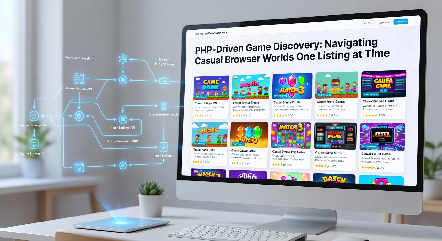 Close-up of PHP code snippet rendering a game listing grid, with database query results transforming into interactive browser game previews