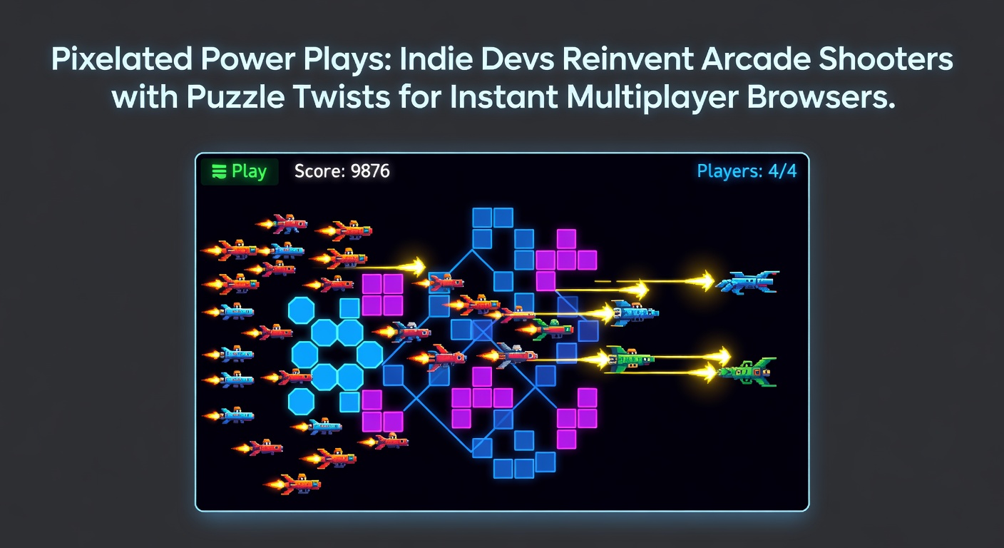 Pixel art screenshot of an arcade-style shooter featuring block-matching puzzles and multiplayer icons in a browser window