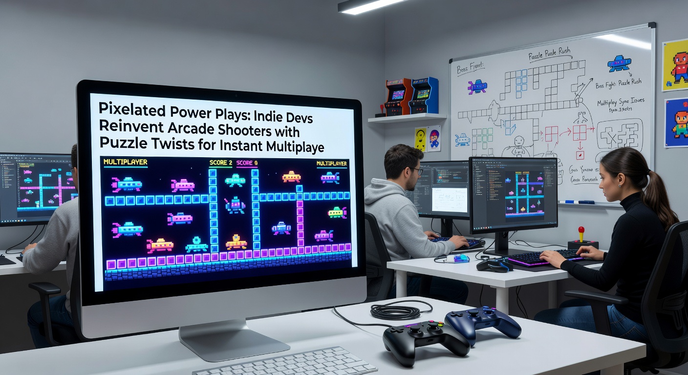 Multiplayer browser game interface showing pixelated ships exchanging puzzle-powered shots amid colorful enemy waves