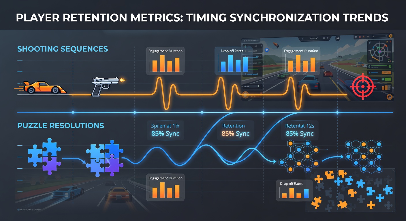 Browser strategy racing game interface showing synchronized shooting and puzzle elements with retention data overlays