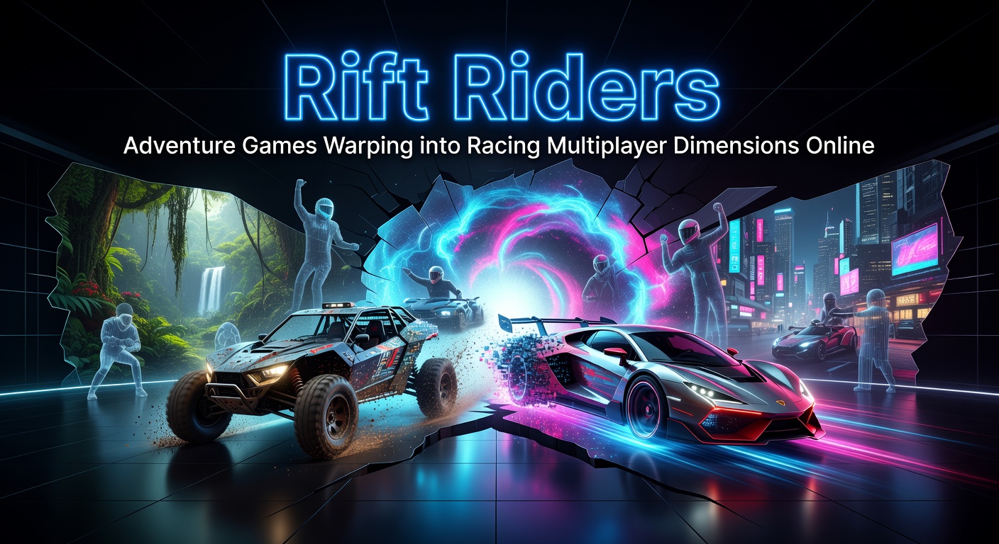 Dynamic screenshot of Rift Riders gameplay, featuring players racing through warped adventure dimensions in a multiplayer online environment