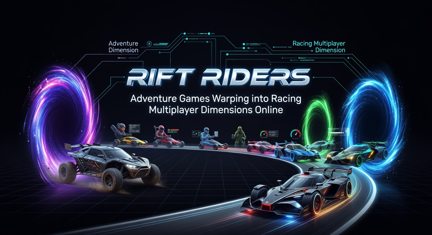 Multiplayer Rift Riders scene capturing intense online racing through colorful, shifting adventure dimensions with player avatars competing