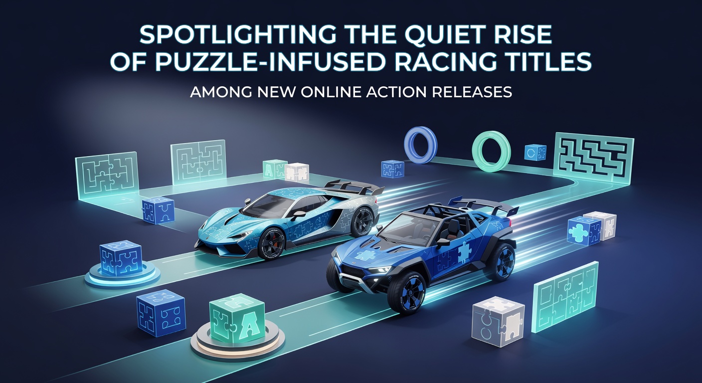 In-game view of an online racing title featuring integrated puzzle elements like rotating track segments and code-based barriers