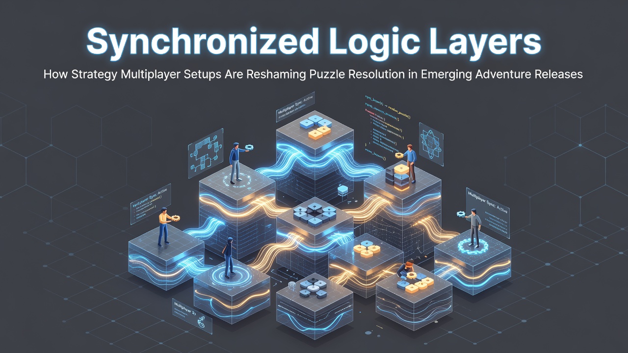 Multiplayer strategy setup in an adventure game with synchronized puzzle layers on browser interface
