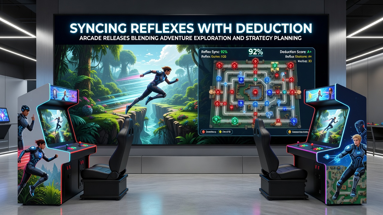 Group of players collaborating on strategy planning screen within an adventure arcade title