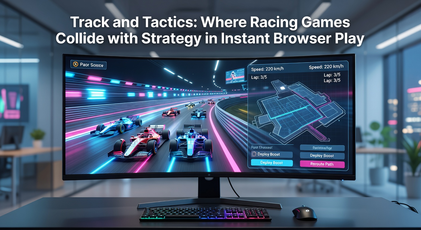 Close-up view of a multiplayer lobby in a strategy-racing browser game, displaying custom tracks, player stats, and tactical upgrade menus