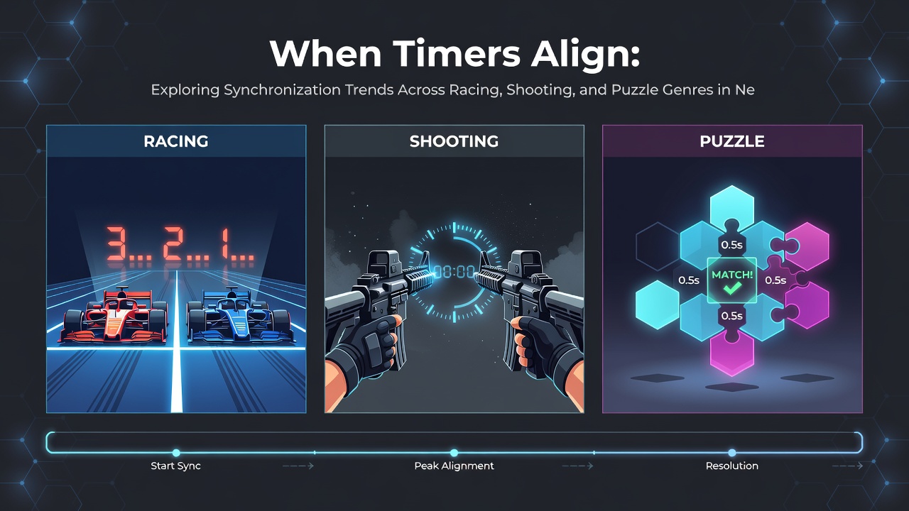 Multiplayer browser session with overlaid timers linking shooting accuracy to puzzle completion and racing laps